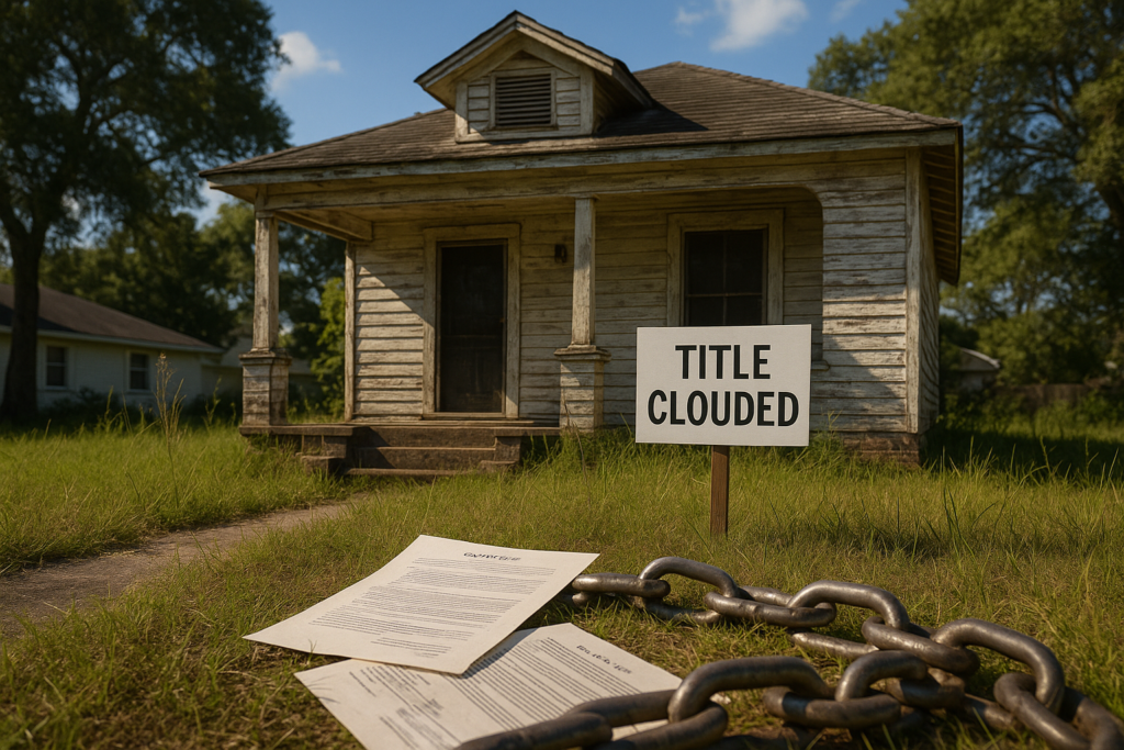 Florida home with clouded title sign and legal documents