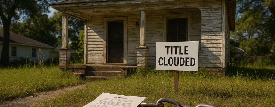 Florida home with clouded title sign and legal documents