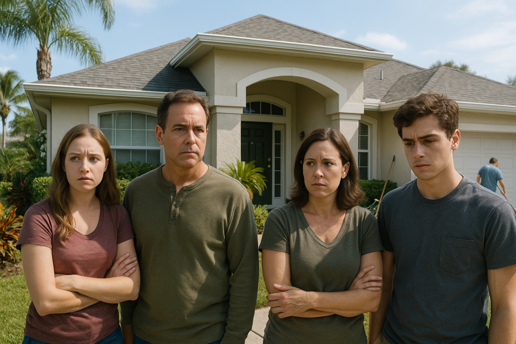 Multiple heirs outside a Florida home, appearing in conflict over the property.