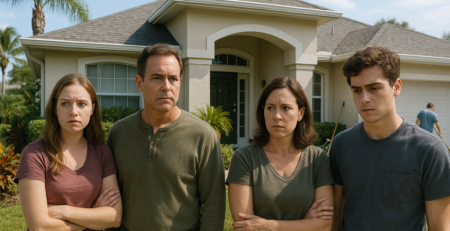 Multiple heirs outside a Florida home, appearing in conflict over the property.