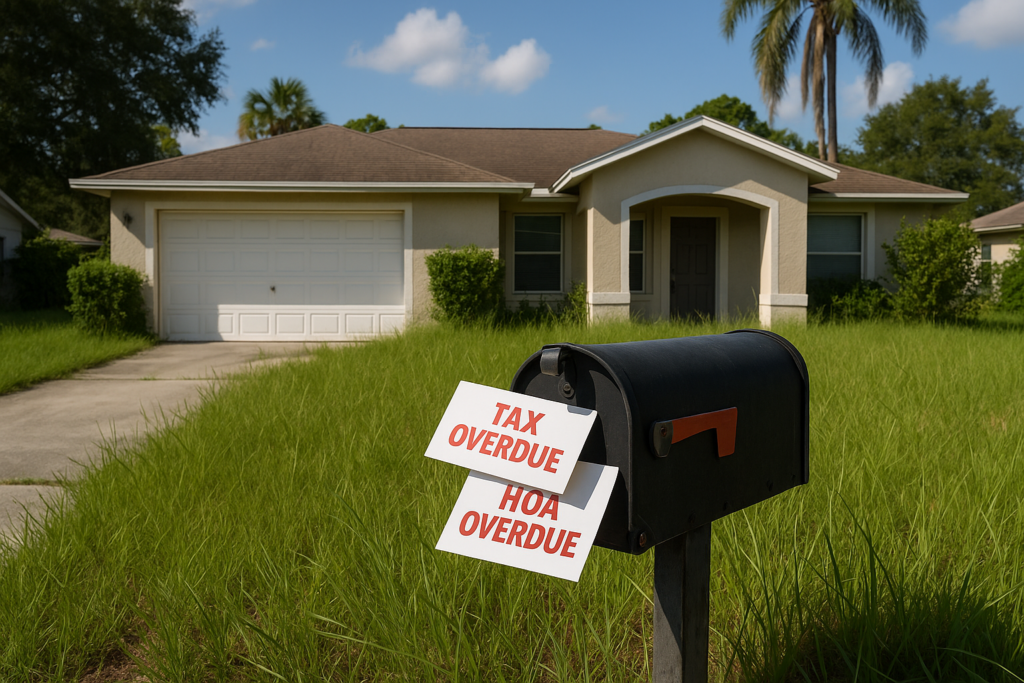 A Florida home with an overstuffed mailbox showing overdue tax and HOA letters.