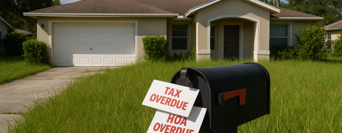 A Florida home with an overstuffed mailbox showing overdue tax and HOA letters.