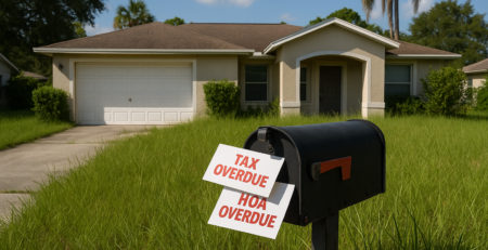 A Florida home with an overstuffed mailbox showing overdue tax and HOA letters.