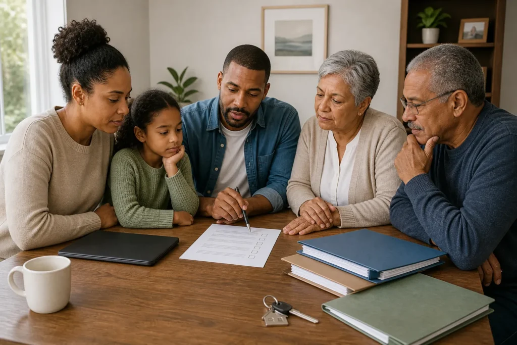 Family meeting at a table with paperwork folders, a checklist, and house keys while discussing next steps for an inherited home.
