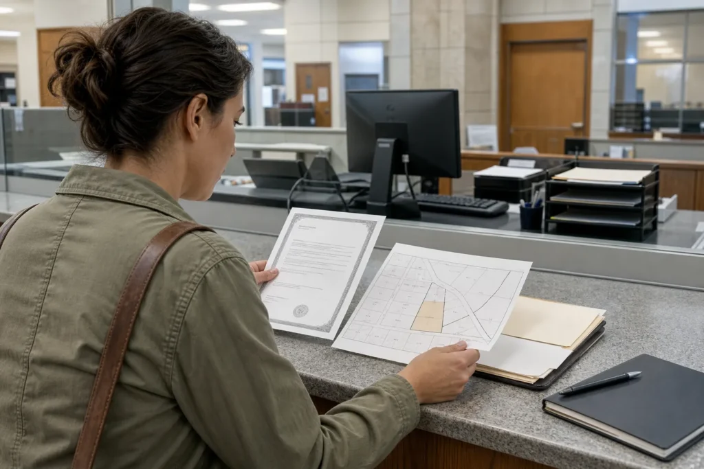 Person reviewing deed and parcel documents at a courthouse records office counter.