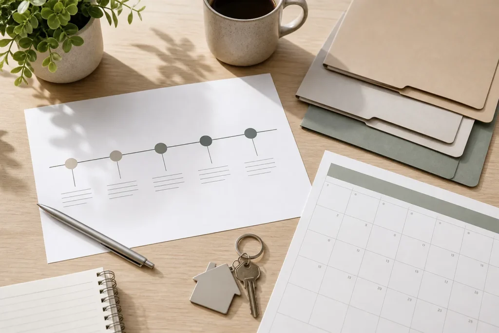 Paper timeline and calendar on a desk with folders and a house key, illustrating organizing deadlines after a death.