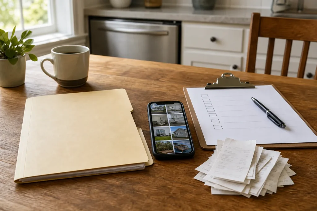 A table with organized documents, a phone with property photos, and a clipboard checklist representing preparing condition records before selling.