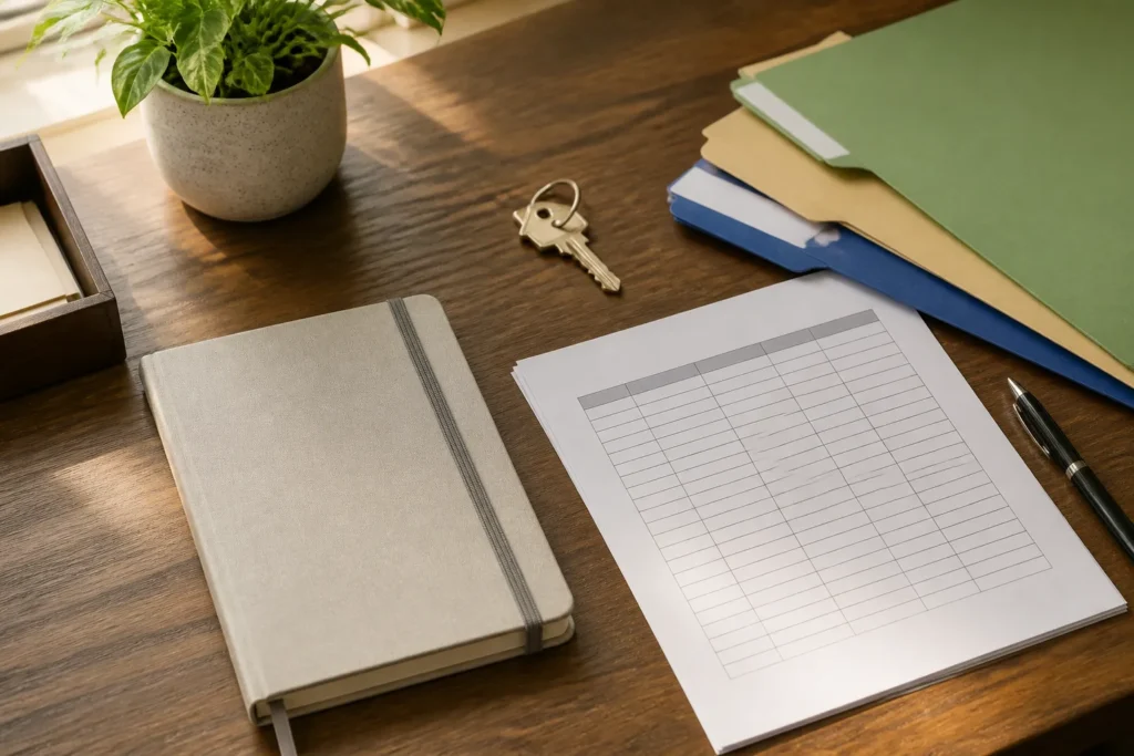 Organized desk setup showing a notebook decision log, a spreadsheet printout, and labeled folders for property documents.