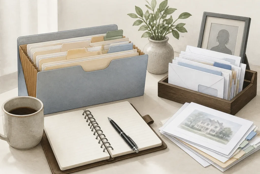 Editorial illustration for How to Organize Property Notices, Bills, and Mail After a Death (So Nothing Critical Gets Missed)