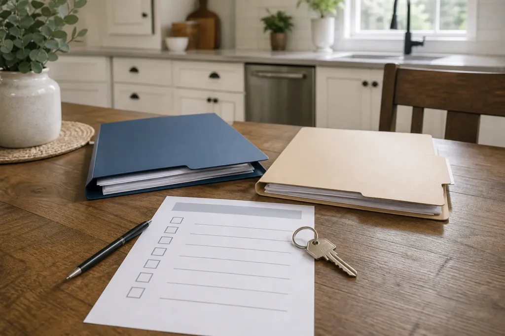 Folders separating maintenance and ownership decisions next to a checklist and house key.