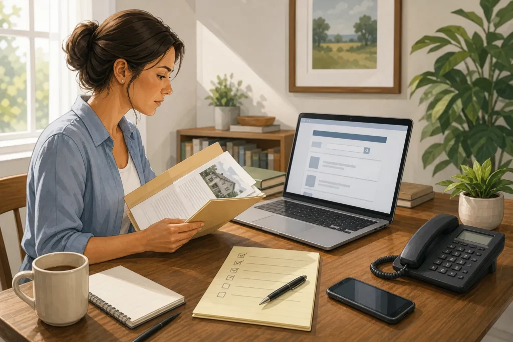Person reviewing property documents and using a laptop and phone to verify professional credentials before signing.