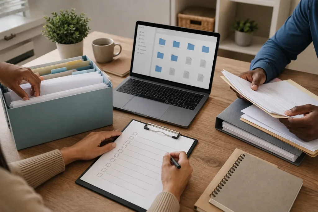 Family members organizing a shared property document file on a table with folders and a checklist.