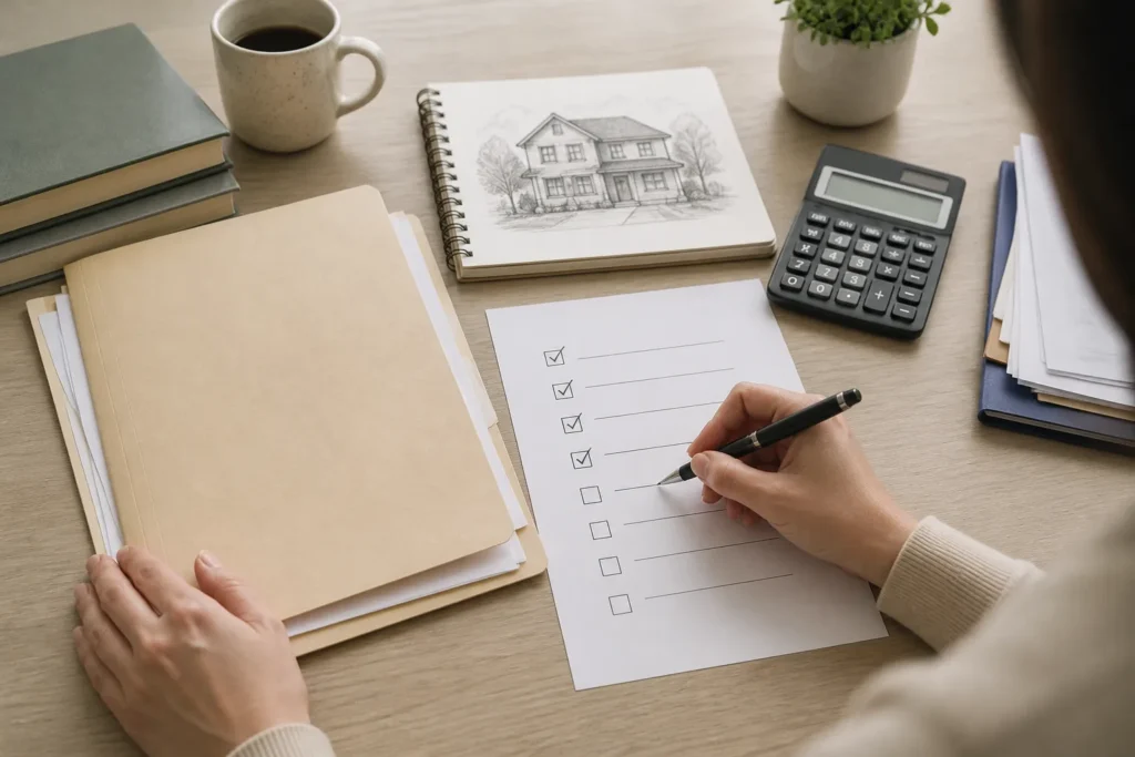 Person organizing paperwork and a checklist to prepare for a tax adviser meeting about inherited real estate.