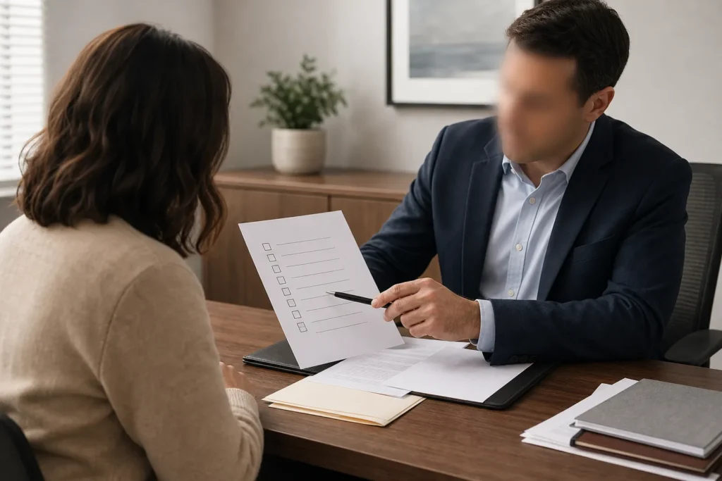 A person and a title professional reviewing closing paperwork at a desk with a checklist.