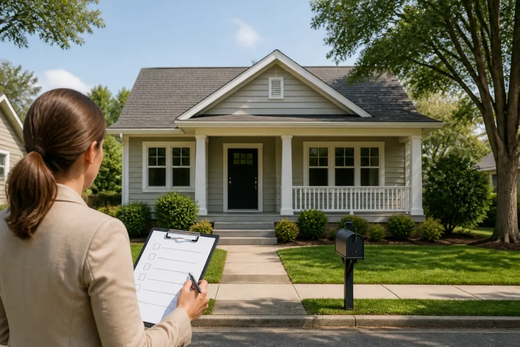 Illustration of a vacant house with a person holding a checklist, representing insurance questions for an inherited empty home.