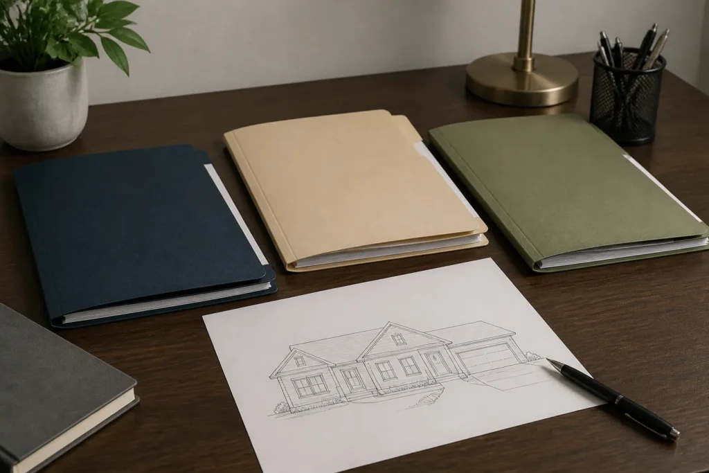 Illustrative desk scene showing three roles in a real estate transaction represented by separate folders.