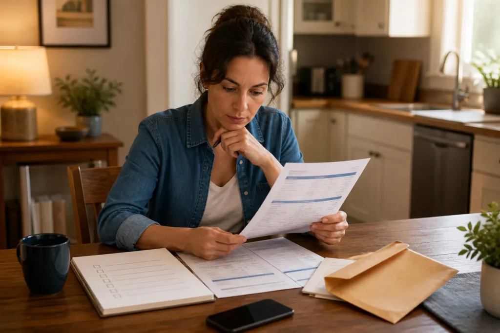 Person reviewing mortgage paperwork and a call checklist after inheriting a home.