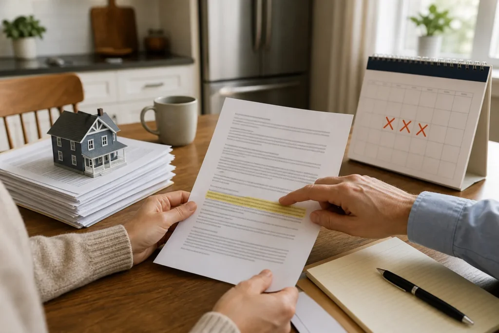 Person reviewing property agreement paperwork at a table with a calendar and pen, illustrating careful review before signing.